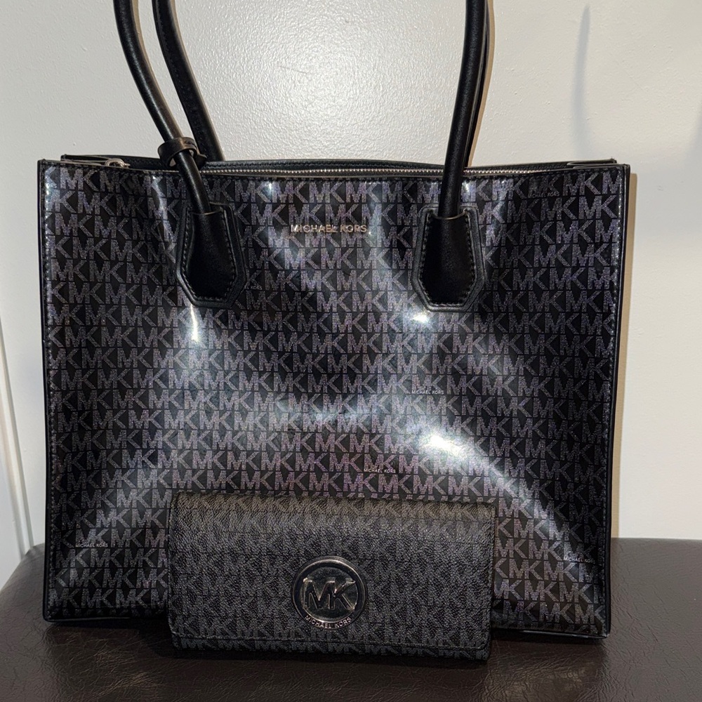 Michael Kors Black Monogram Tote and Wallet